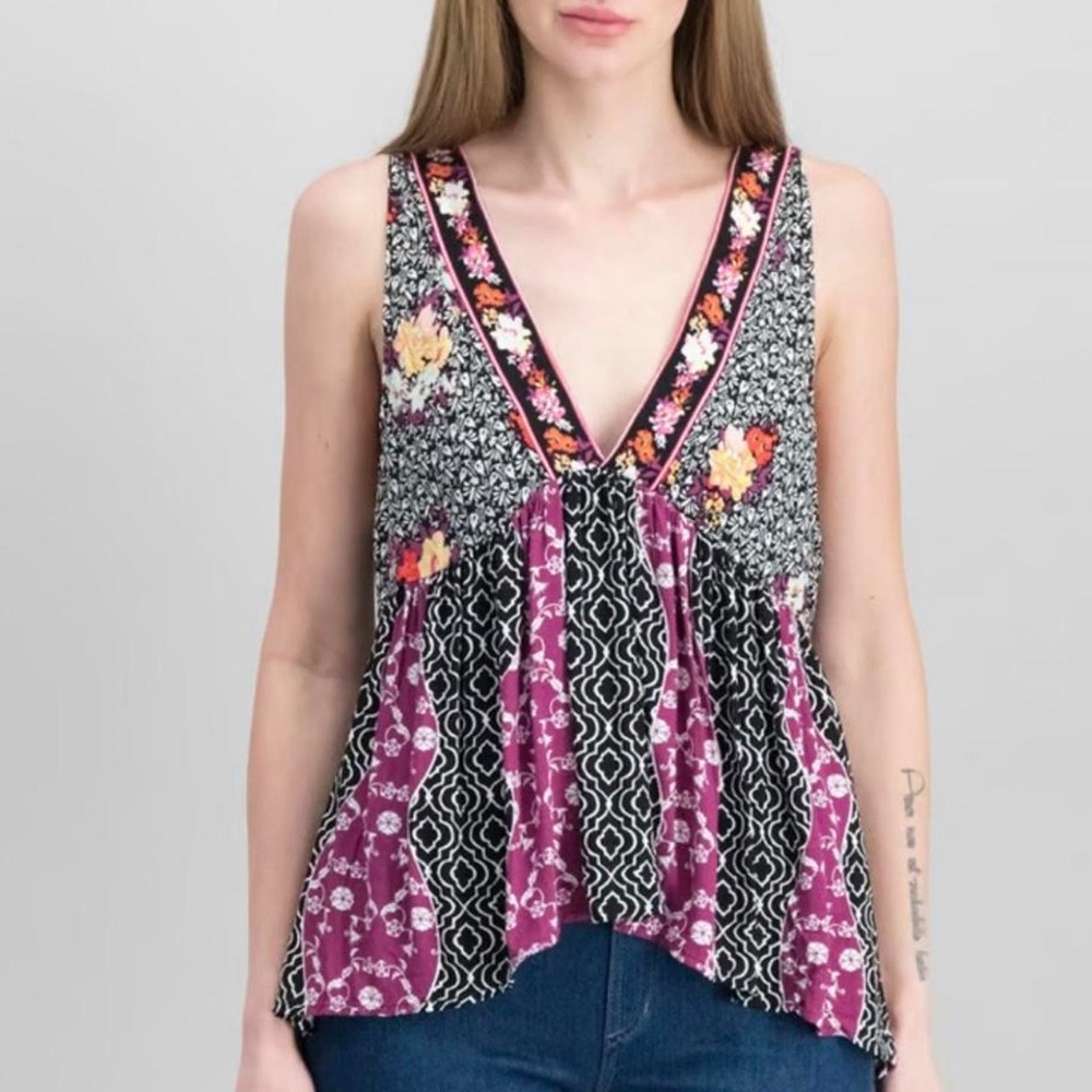 Free People Dream Darlin Top Floral Paisley Geometric Keyhole Blouse Boho Tank - Picture 2 of 9
